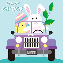 Easter Bunny, Chick And Egg  In A Car For Easter Card