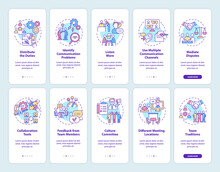 Teamwork Onboarding Mobile App Screen Set. Build Productive Team Walkthrough 5 Steps Graphic Instructions Pages With Linear Concepts. UI, UX, GUI Template. Myriad Pro-Bold, Regular Fonts Used