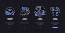 Digital Twin Levels Night Mode Onboarding Mobile App Screen. Walkthrough 4 Steps Graphic Instructions Pages With Linear Concepts. UI, UX, GUI Template. Myriad Pro-Bold, Regular Fonts Used