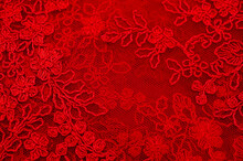 Colored Red Lace Fabric. Vintage. Flowers Background In Provence Style. Decorative Ornament Background For Fabric, Textile, Wrapping Paper, Cards, Invitations, Wallpaper, Web Design.