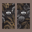 Two labels with carya illinoinensis aka pecan and Bertholletia excelsa aka Brazil nut branch and nuts sketch on black.