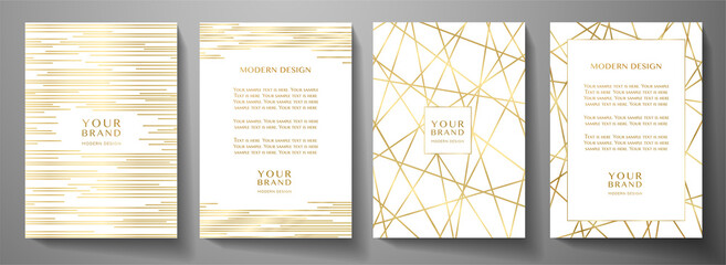 Wall Mural - Modern white cover design set. Luxury dynamic gold circle, line pattern. Creative premium stripe vector background for business catalog, brochure template, notebook, invite