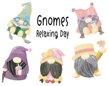 Gnome Relaxing Day Watercolor Vector With A Book, Coffee Cup, Bird