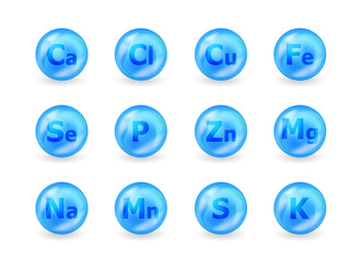 Set of mineral complex. Mineral K, Cl, Ca, Cu, Mn, Na, Fe, Mg, Se, Zn, S, P. Multimineral pill capsule supplement illustration concept. Blue drug nutrition design.