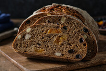 Slices Of Rye Bread With Hazelnuts And Dried Fruit Like Apricots, Raisins And Plums.