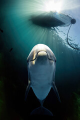 Wall Mural - dolphin underwater on the ocean background looking at you