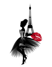 Vector Portrait Of Beautiful Glamorous Woman Wearing Stylish Clothes In Paris - Haute Couture Dress, Fashionable High Heels And Clutch Bag With Eiffel Tower Silhouette And Red Lipstick Kiss Mark