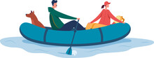 People Floating On Rubber Boat, Sea Adventure. Vector Boat Inflatable, Rowing And Recreation Illustraton