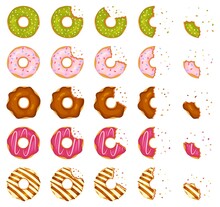 Bitten And Half Eaten Donuts, Doughnut Pieces With Crumbs. Cartoon Delicious Donut With Various Toppings, Sweet Pastry Dessert Vector Set. Yummy Bakery Snack With Glossy Cream Fasting