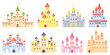 Cartoon medieval castles, fairytale princess castle towers. Fantasy kingdom magic palace, king fortress, gothic mansion exterior vector set. Dream mysterious royal building with gate