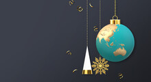 International Christmas New Year Greeting. Hanging 3D Ball Bauble With Symbol Of Globe Planet Asia Australia Map, Xmas Tree On Dark Blue. Corporate Greeting New Year Holiday Travel Card. 3D Render