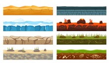 Cartoon Seamless Landscape Grounds Types, Game Foreground Elements. Lava, Ice, Desert, Grass Ground Layer Surface Texture Vector Set. Dinosaur Bones For Archeology Research, Active Volcano