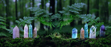 Quartz Gemstones On Mysterious Forest Natural Background. Minerals For Esoteric Magic Crystal Ritual, Witchcraft, Spiritual Practice. Reiki Healing Therapy For Life Balance, Soul Relax.