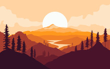Autumn Mountains Landscape With Tree Silhouettes And River At Sunset. Vector Illustration