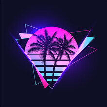 Retrowave Or Synthwave Or Vaporwave Aesthetic Illustration Of Vintage 80's Gradient Colored Sunset With Palm Trees Silhouettes On Abstract Triangle Shapes Background. Vector Illustration