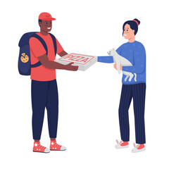 Wall Mural - Courier giving pizza to woman semi flat color vector characters. Interacting figures. Full body people on white. Food delivery isolated modern cartoon illustration for graphic design and animation