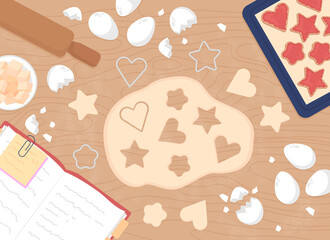 Poster - Baking cookies flat color vector illustration. Star and heart shaped holes in dough. Recipe for desserts and sweets. Top view 2D cartoon illustration with desktop on background collection