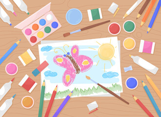 Poster - Childrens painting flat color vector illustration. Arts and crafts for kids. Paintbrushes and color palettes. Top view 2D cartoon illustration with desktop on background collection