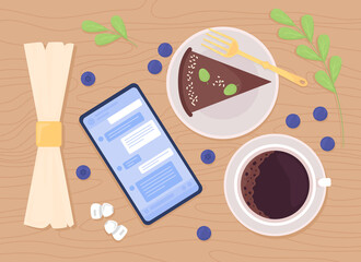 Poster - Coffeeshop breaks flat color vector illustration. Cup of espress. Piece of cake on plate. Mobile phone with chatting. Top view 2D cartoon illustration with desktop on background collection