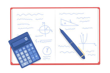 Poster - Open textbook with math semi flat color vector object. Doing homework. Realistic item on white. Lifestyle isolated modern cartoon style illustration for graphic design and animation