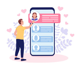 Poster - Looking for love online flat concept vector illustration. Man swiping profiles on dating application isolated 2D cartoon character on white for web design. Online dating site creative idea