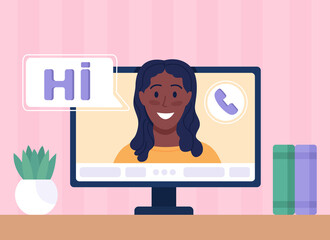 Fototapete - Video chat with female colleague flat color vector illustration. Starting video conference for work issues discussion. Cheerful young woman 2D cartoon character with computer monitor on background