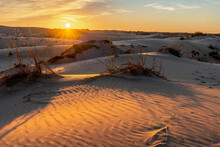 Hills Of Sand Dunes At Sunrise With Small Mounds Of Grass And High Clouds Illuminated By The Sun, Monahans Sandhills State Park, Texas