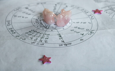 printed astrology natal chart with two light pink kissing birds in the background