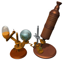 Robert Hooke's Microscope. 3D Rendering Illustration Of A  Microscope Designed And Use By Robert Hooke In The Middle Of XVII Century.