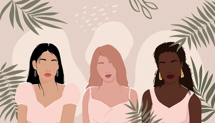 Wall Mural - Women of different races together on an abstract background with leaves. modern vector flat illustration. isolated by layers. movement to empower women. International Women's Day. women support