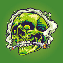 Green Skull Smoking A Marijuana Vector Illustrations For Your Work Logo, Mascot Merchandise T-shirt, Stickers And Label Designs, Poster, Greeting Cards Advertising Business Company Or Brands