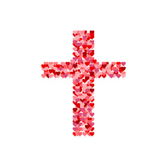 Cross of Christ made of hearts. Flat isolated Christian vector illustration, biblical background.