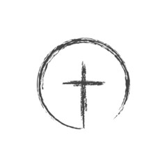 Simple pencil drawing of a cross in a circle. Flat isolated Christian vector illustration, biblical background.