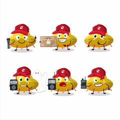 Wall Mural - Ghost hunter cartoon UFO yellow gummy candy character using camera