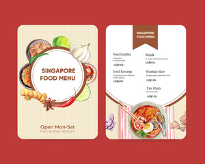 Menu template with Singapore cuisine concept,watercolor style