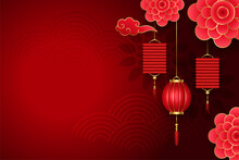 Chinese Red Background With Flowers And Lanterns