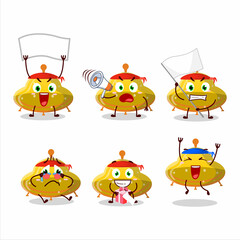 Sticker - Mascot design style of UFO yellow gummy candy character as an attractive supporter