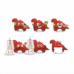 Sticker - Artistic Artist of red dinosaur gummy candy cartoon character painting with a brush