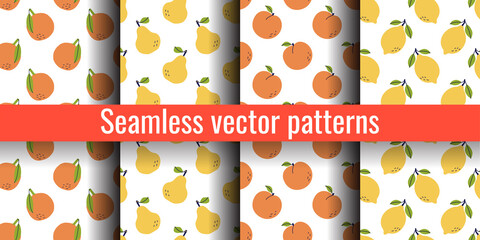 Wall Mural - Orange, pear, peach and lemon. Fruit seamless pattern bundle. Color illustration collection in hand-drawn style. Vector repeat background set