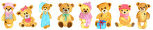 Large Set Of Different Cute Isolated Watercolor Brown Teddy Bears On White Background.