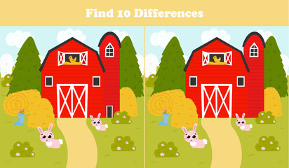 Wall Mural - Find differences game for kids with barn and haystacks, rabbits, farm landscape in cartoon style, printable