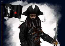Edward Teach - Blackbeard. A Desperately Brave And Extremely Brutal Pirate Of All Time. Personal Flag Of A Dangerous Pirate, Saber, Smoking Beard. Second Version.