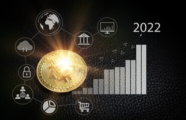 Bitcoin with infographic icons for using in many way of payment worldwide. idea concept for trade cryptocurrency in 2022.