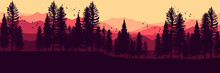 Sunrise Forest Landscape Mountain Scenery Vector Illustration For Design Background, Wallpaper, Background Template, And Backdrop Design	