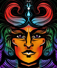 Colorful Hand Drawn Demon Witch Portrait Illustration. Portrait Of A Woman With Horns