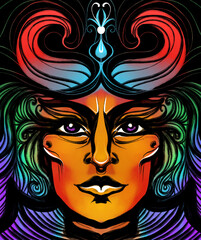  colorful hand drawn demon witch portrait illustration. Portrait of a woman with horns