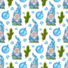 Watercolor Painting Pattern Gnome, Ball, Fir Branches And Stars. Seamless Repeating Print In Scandinavian Fairy Style For Christmas And New Year. Illustration For Clothing, Packaging, Gifts, Cards, 