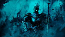 A Death Knight In Armor And With A Sword Leads The Forces Of The Undead To Battle. Behind Him Are Sinister Spirits And Ghosts, Thirsty For The Blood Of Living People. 2D Illustration 