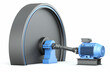 Heavy flywheel connected to the electric motor via a cardan shaft. Storage of kinetic energy. Rotation of the rotor. Isolated flywheel on a white background. 3d render