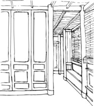 View To Hallway Interior In Traditional Asian House. Hand Drawn Sketch Vector Illustration.